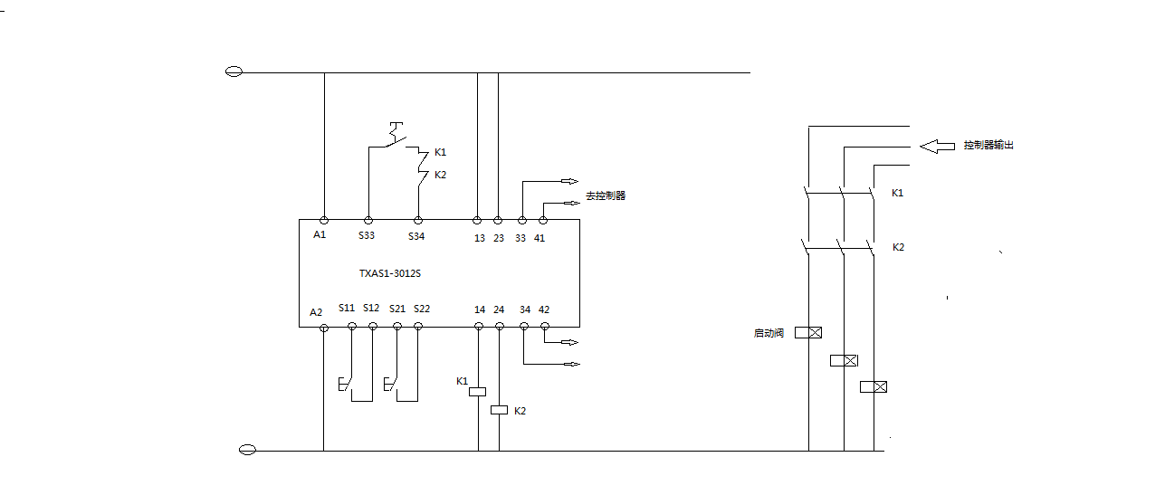 TXAS1-3012S安全继电器接线图（监控双手启动）